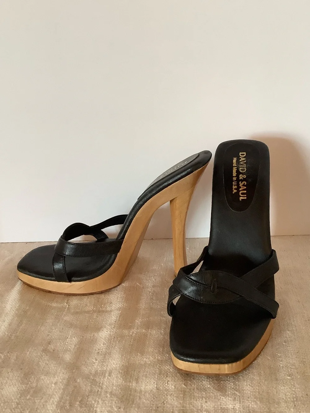 Rare Y2K USA Made Wood Leather Platform Heel Avant-Garde David & Saul. Sz 7